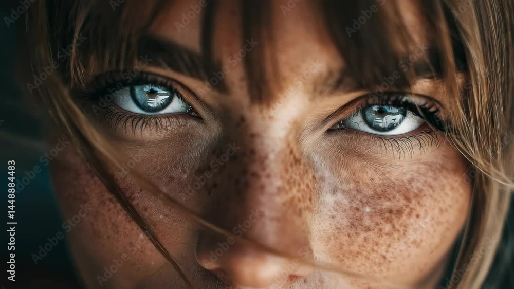 Close-up view of freckled female face with blue eyes and wisps of light brown hair framing the face and bangs over the forehead. Close-up view of freckled female face with blue eyes and wisps of light brown hair framing the face and bangs over the forehead.