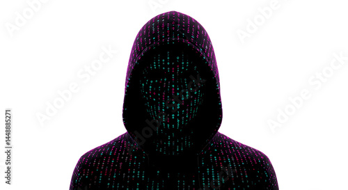 Hooded figure immersed in digital code, a symbol of cybersecurity threats and the enigmatic world of hackers and data privacy concerns.