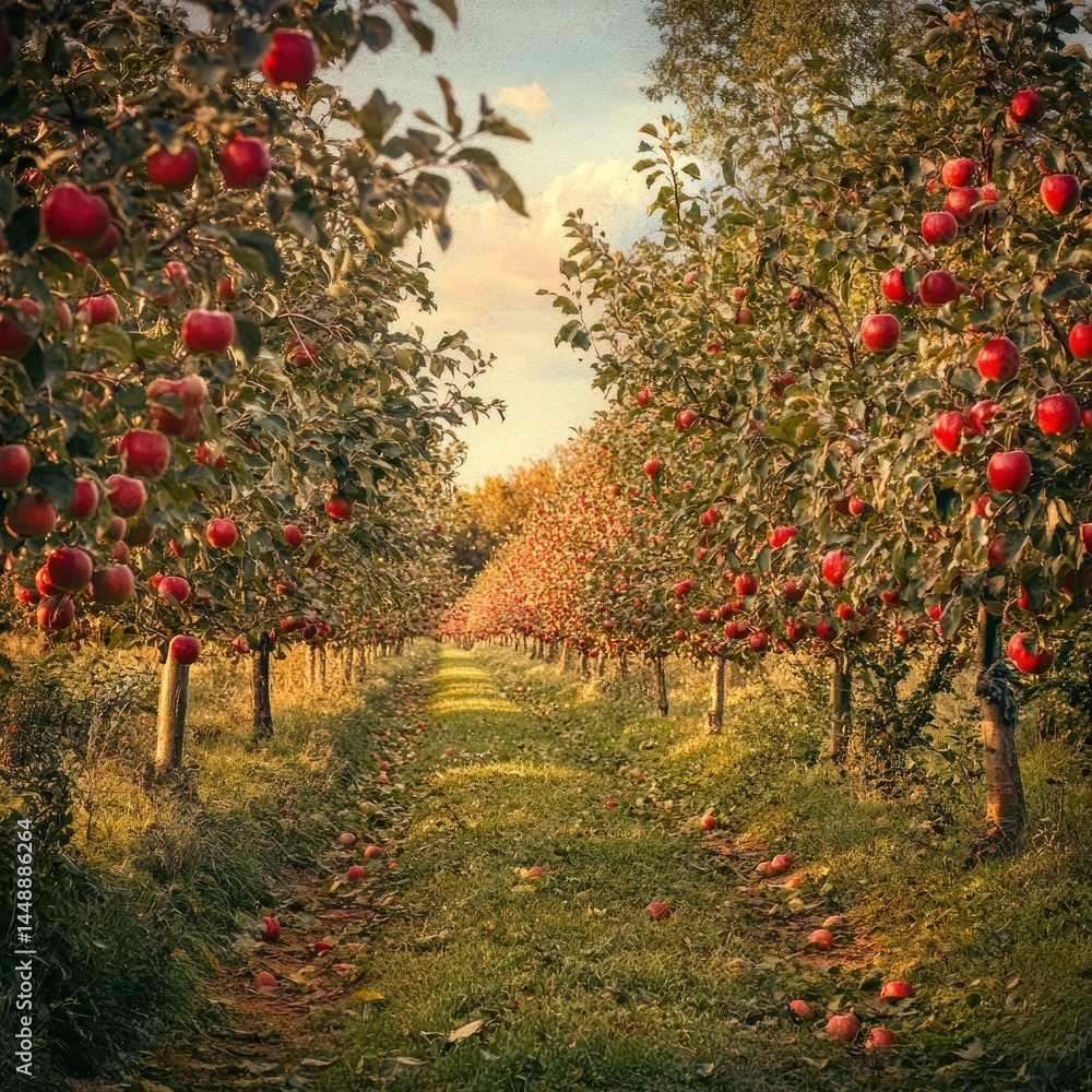 Fototapeta premium Lush apple orchard path at sunset.