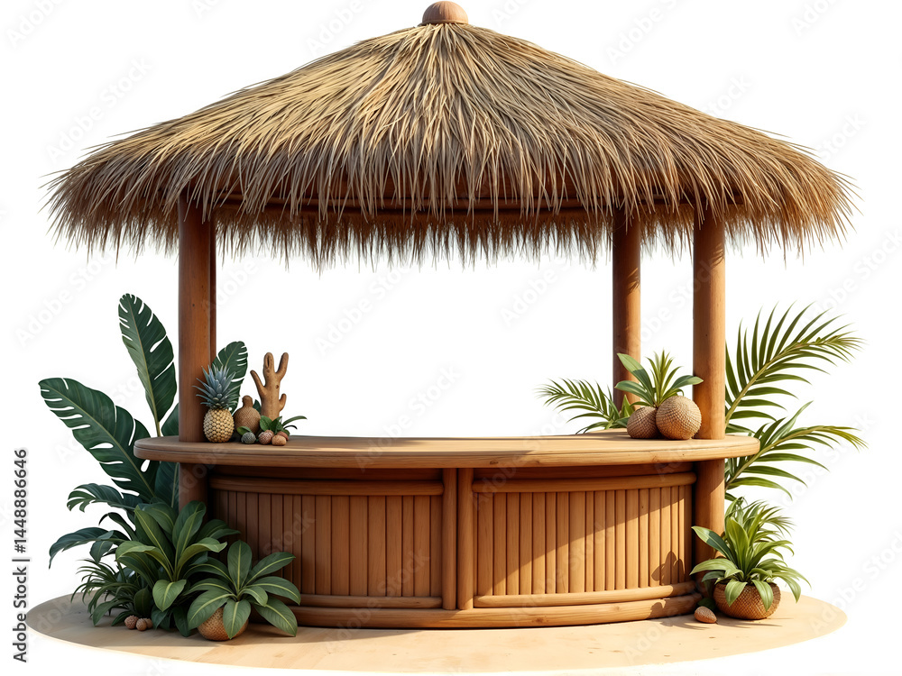 Wooden tiki hut bar on a tropical beach surrounded by lush green plants. Generative AI