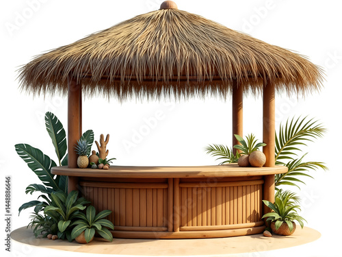Obraz na płótnie Wooden tiki hut bar on a tropical beach surrounded by lush green plants. Generative AI w salonie