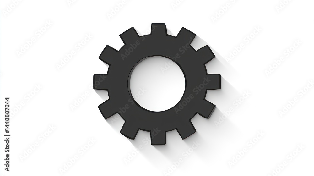 Black Gear Icon with Long Shadow on White Background for Technology and Settings Themes Black Gear Icon with Long Shadow on White Background for Technology and Settings Themes