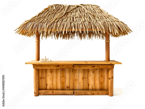 Obraz na płótnie Wooden tiki bar with thatched roof isolated on white background, tropical style summer bar. Generative AI w salonie