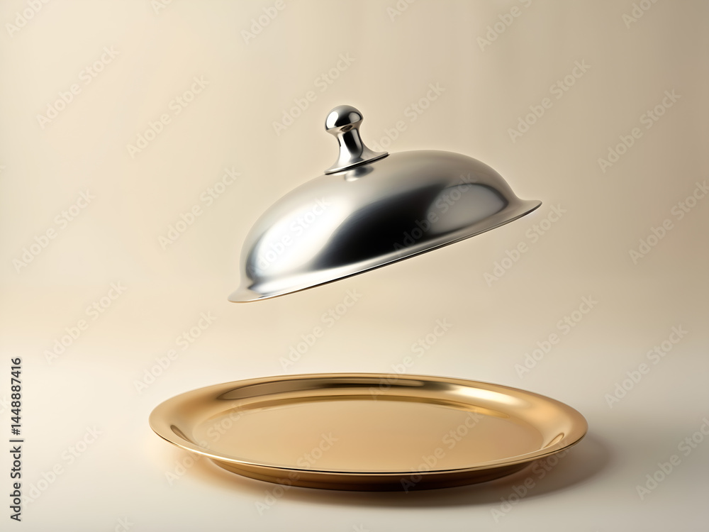 Elegant silver serving dome cloche on golden plate, restaurant or catering concept. Generative AI