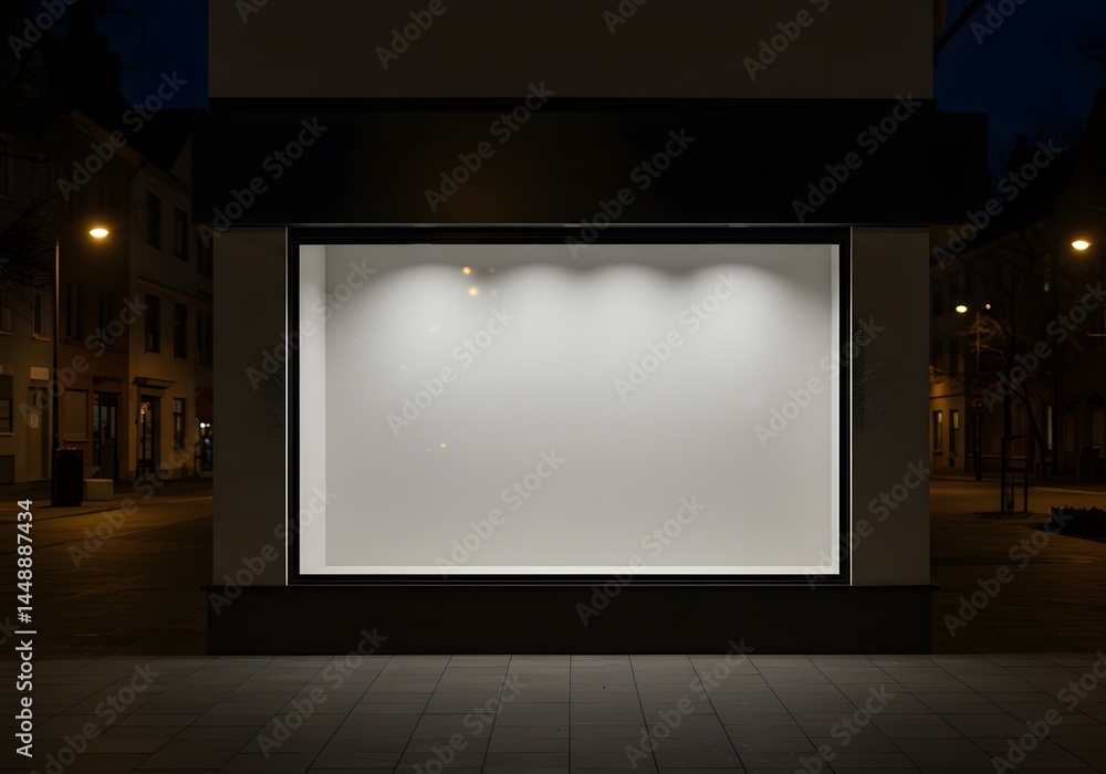 Empty Storefront at Night Illuminated Display Window, Urban Scene, Exterior, Business, Shop, Retail. Empty Storefront at Night Illuminated Display Window, Urban Scene, Exterior, Business, Shop, Retail.