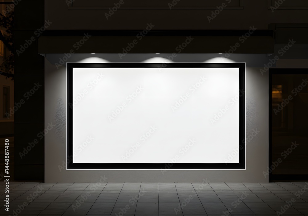 Blank Storefront Display Window at Night, Illuminated for Advertisement Mockup. Blank Storefront Display Window at Night, Illuminated for Advertisement Mockup.