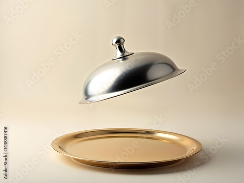 Obraz na płótnie Elegant silver serving dome cloche on golden plate, restaurant or catering concept. Generative AI w salonie