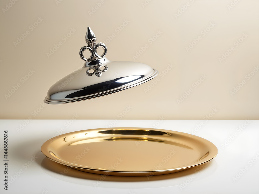 Elegant silver serving dome cloche on golden plate, restaurant or catering concept. Generative AI