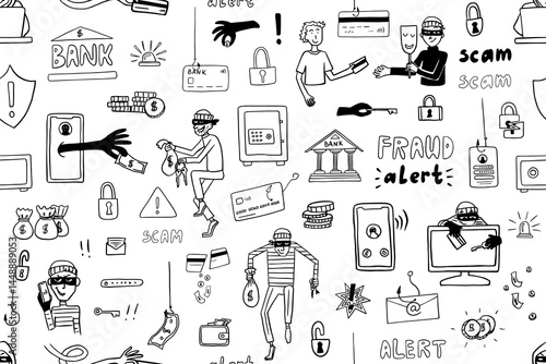 Seamless pattern of bank thieves, phone fraudster and computer scammers in doodle style. Bank card, credit card, safe deposit, cheater, alarm system, fishing, scam, alert, finance, bag money