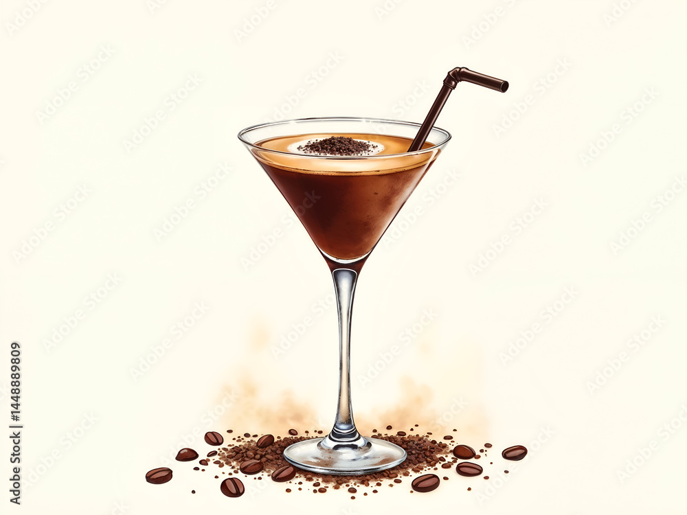Espresso martini cocktail in glass with coffee beans and straw, minimal style. Generative AI