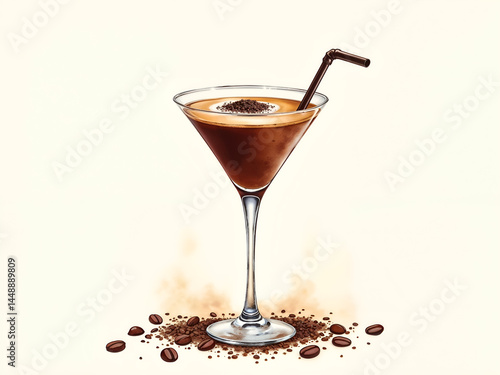 Obraz na płótnie Espresso martini cocktail in glass with coffee beans and straw, minimal style. Generative AI w salonie