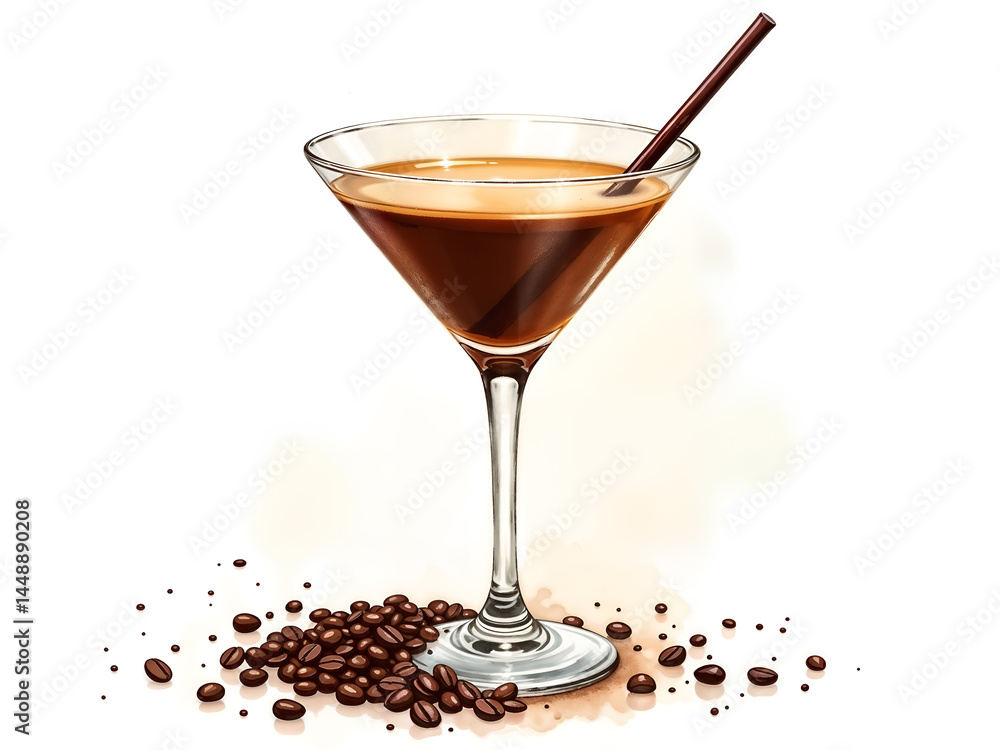 Espresso martini cocktail in glass with coffee beans and straw, minimal style. Generative AI