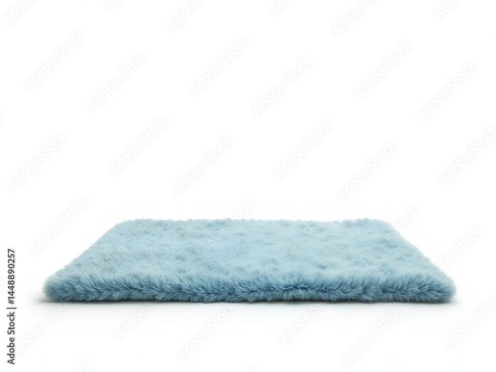Furry light blue rectangular rug with soft texture, isolated on white. Generative AI