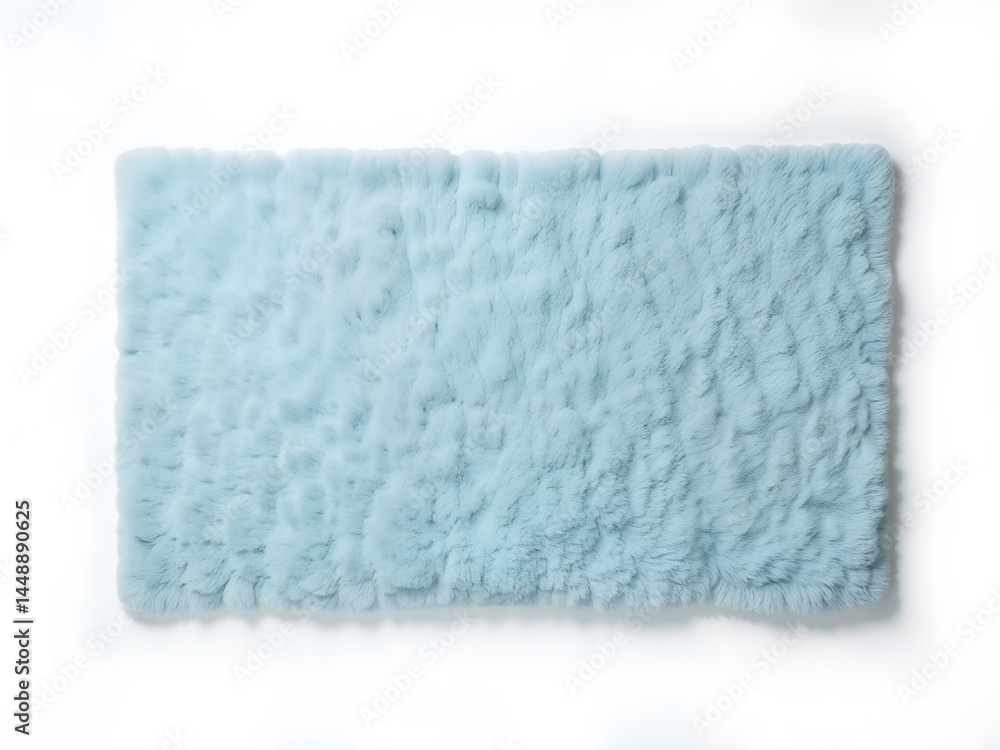 Furry light blue rectangular rug with soft texture, isolated on white. Generative AI