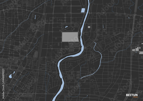 Zoomed vector map of Beitun, Taiwan, featuring highways, buildings, and waterways with a dark theme. Ideal for modern design projects, urban planning, infrastructure analysis, and more.