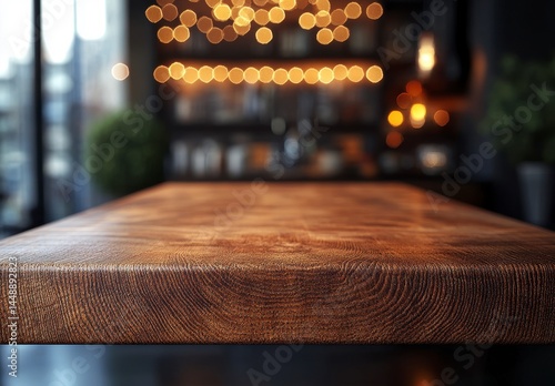 Close up Brown Wooden Table Surface with Blurred Interior Background in Warm Bokeh Lighting Effect