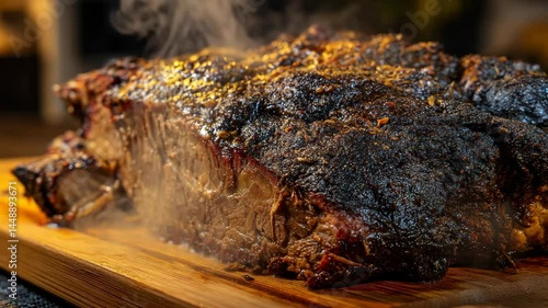 Smoked beef brisket with visible smoke on a wooden cutting board, highlighting delicious preparation and juicy texture