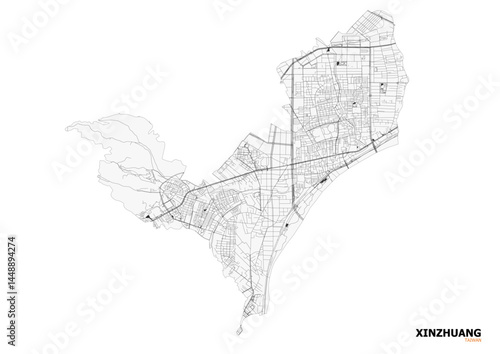 Vector map of Xinzhuang, Taiwan, highlighting highways and road networks. Clean, modern design ideal for urban planning, infrastructure analysis, or educational purposes.