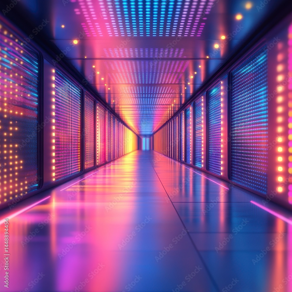 Fototapeta premium Server Room Featuring Rows of Computer Racks and Neon Lighting in a Data Center Environment with Purple and Blue Tones