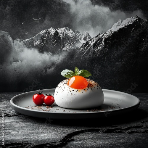 Elegant White Egg Dish with Fresh Tomatoes on Black Plate Against Snowy Mountain Background