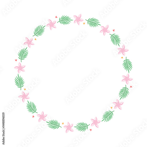 Tropical Plumeria Flower Wreath with Palm Leaves in Cartoon Style