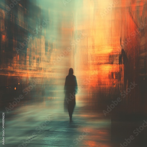 Silhouette of a Person Walking on Wet City Street with Abstract Light Reflections at Night Mysterious and Moody Scene with Orange and Teal Hues