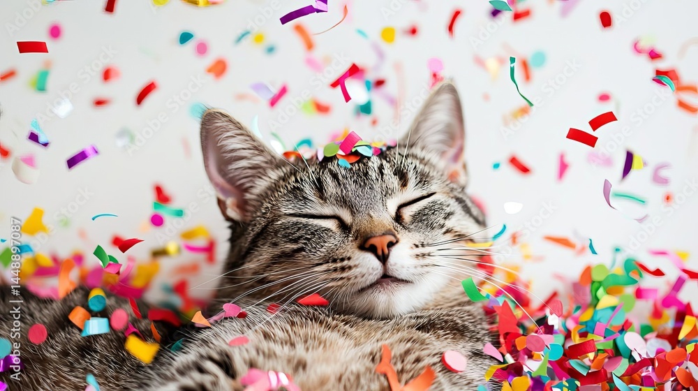 A happy cat surrounded by colorful confetti. Happy birthday funny cat white background A happy cat surrounded by colorful confetti. Happy birthday funny cat white background