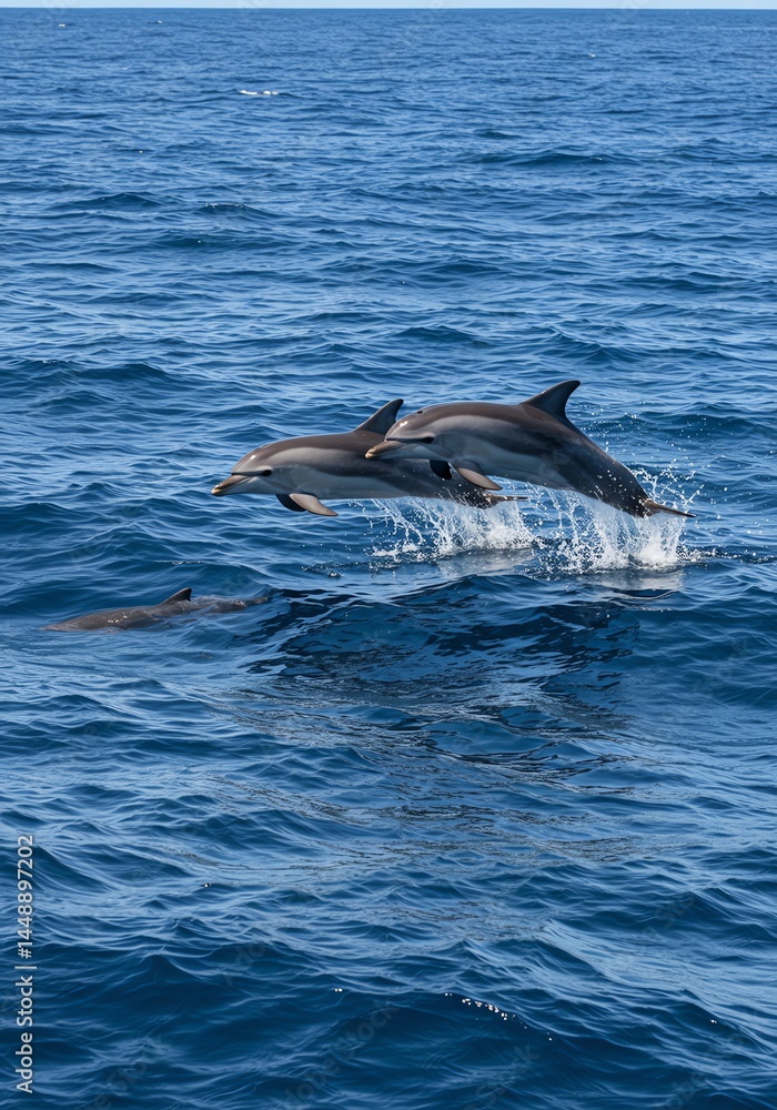 Fototapeta premium Dolphins Leaping: Ocean's Dynamic Duo in Vibrant Blue