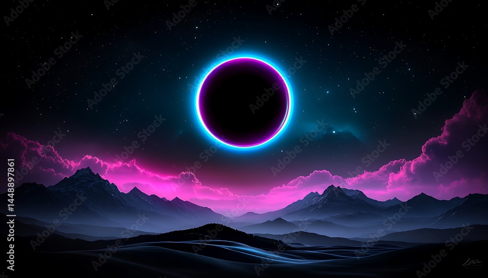 Obraz premium Cosmic eclipse over a mountainous landscape