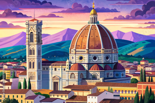 Elegant vector rendering of Florence’s Duomo, showcasing the iconic red-tiled dome, gothic details, and renaissance marble facade under clear Tuscan skies