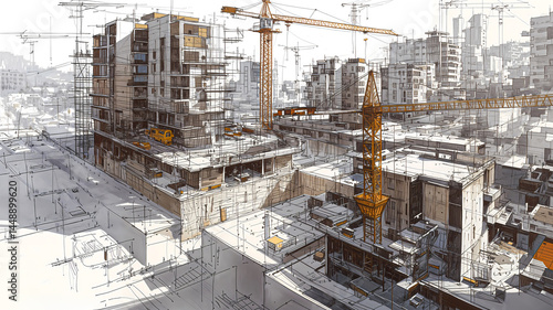 Mixed media sketch of high-rise apartment construction in city environment