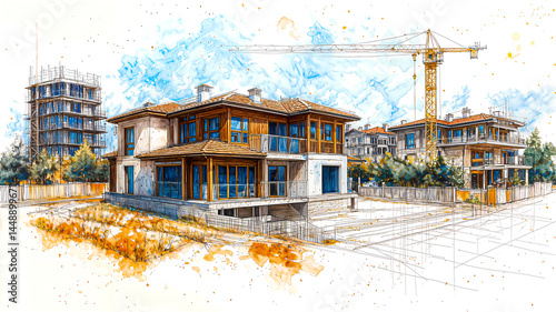Watercolor sketch of suburban housing development with cranes in background