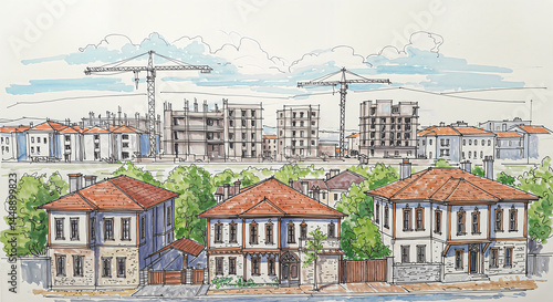 Marker and line sketch of renovated Turkish homes with urban development in background