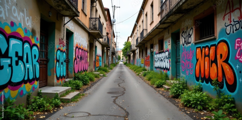 Fototapeta premium abandoned street with fading graffiti, faded, overgrown, hazy