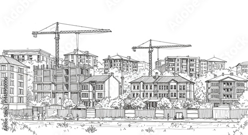 Black and white ink sketch of urban development and apartment buildings with cranes