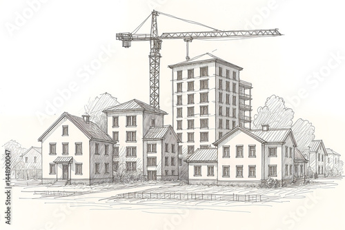 Pencil sketch of residential block with tower crane in suburban zone