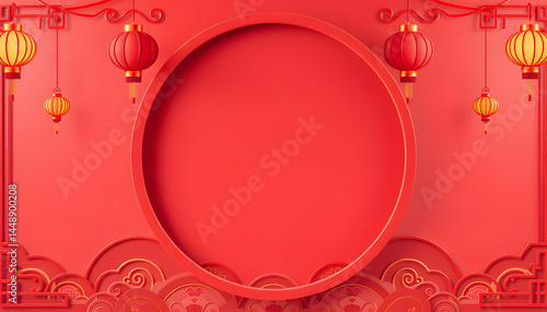 Lunar New Year Design Background, with Circle Frame and Lanterns on 3D Pattern. Red Eastern Template with copy-space, smooth light. with white shades