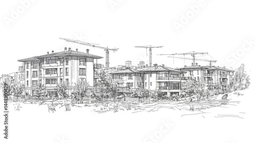 Ink line architectural sketch of residential site development with cranes