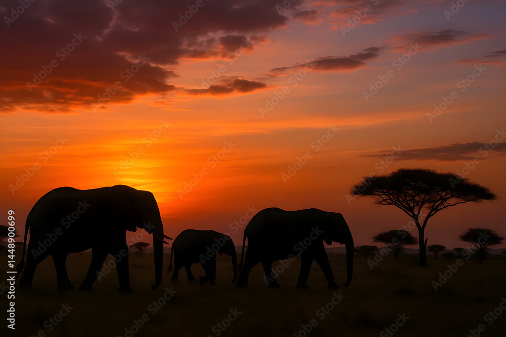 Obraz premium Elephants walking at sunset