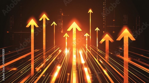 Digital pathway of upward arrows, signifying growth and progress in a futuristic city.  Abstract graphic showcases a technological, urban environment with a strong focus on success