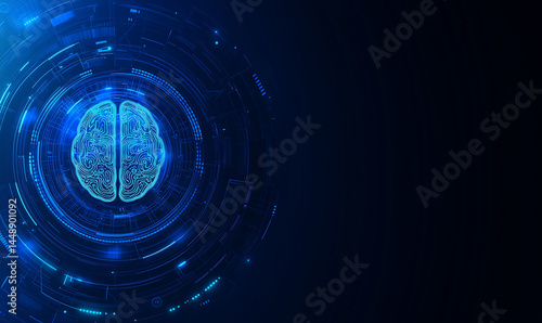 Abstract futuristic technology background with blue color, human brain and circuit board elements on a dark blue gradient backdrop