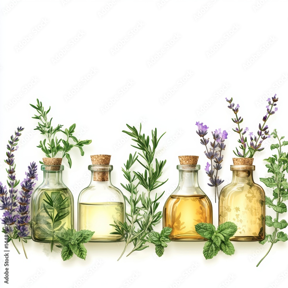 Assorted Essential Oil Bottles with Lavender and Green Herbs on White Background Assorted Essential Oil Bottles with Lavender and Green Herbs on White Background