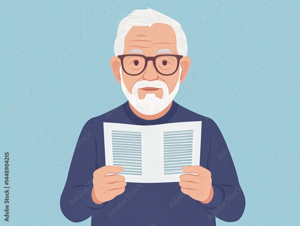 An elderly man with glasses and a beard is reading a book against a plain blue background. An elderly man with glasses and a beard is reading a book against a plain blue background.