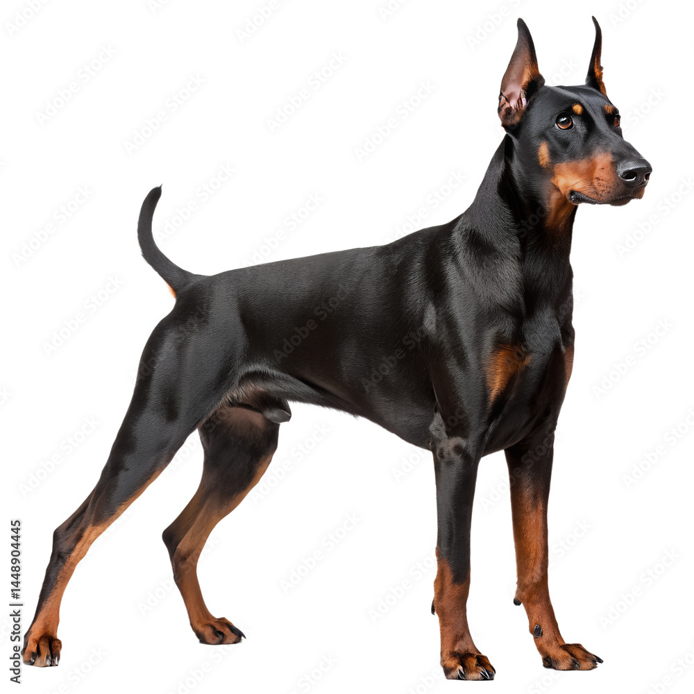 Proud doberman pinscher standing, showcasing its elegant and muscular physique against a transparent background Proud doberman pinscher standing, showcasing its elegant and muscular physique against a transparent background