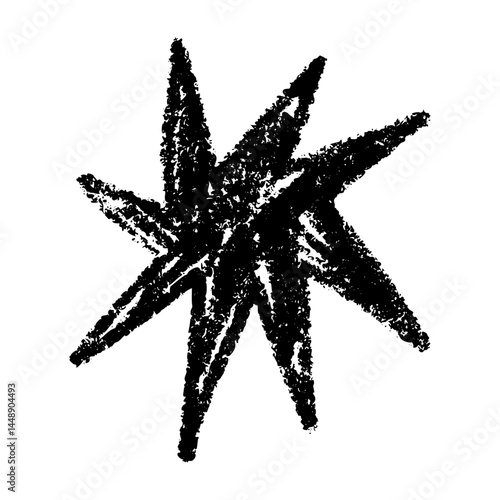 Hand-drawn star and heart icons with crayon, chalk, and scribble strokes. Playful doodle shapes for kids, music, and cartoon designs. Flat vector illustration isolated on white background.