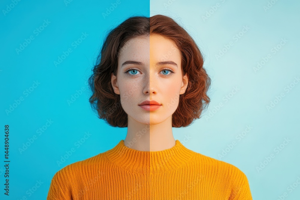 A young woman with short brown hair is shown in a split-tone portrait, featuring contrasting lighting and color effects on each half. A young woman with short brown hair is shown in a split-tone portrait, featuring contrasting lighting and color effects on each half.