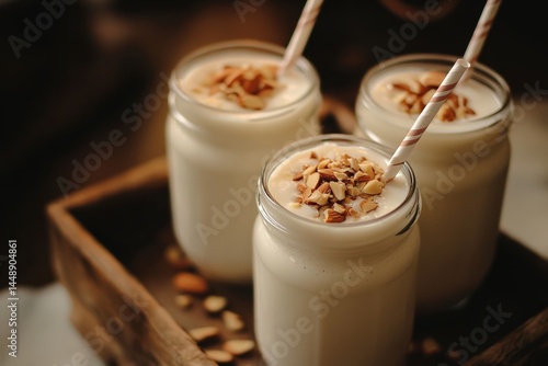 Creamy almond milkshakes in glass jars with striped straws