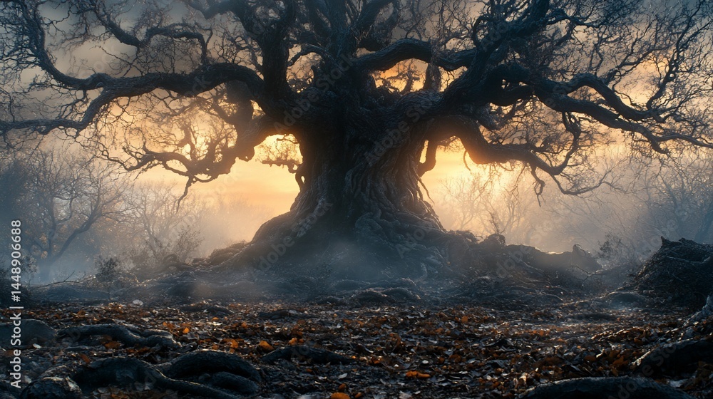 Fototapeta premium Majestic ancient tree in a mystical forest landscape.