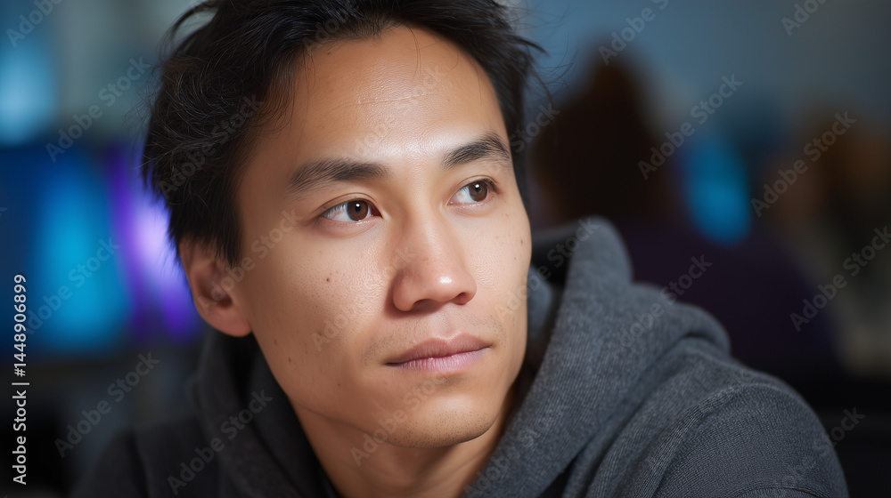 Fototapeta premium Asian professional showing contemplation in a casual setting 