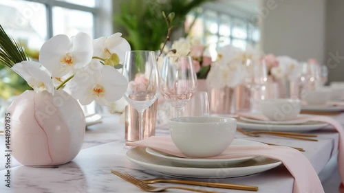 Wallpaper Mural Elegantly styled table setting for an event with white orchid floral centerpiece, light pink linens, gold flatware, and crystal glassware on a marble surface. Torontodigital.ca